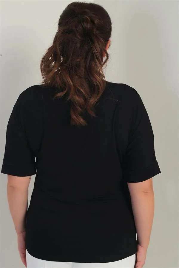 Chemisier grande taille à manches chauve-souris courtes pour femme, orné de strass aux épaules et en lycra.