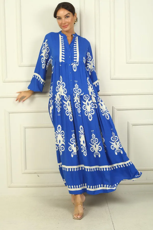 Robe longue hijab imprimée avec demi-boutonnage sur le devant et manches élastiques