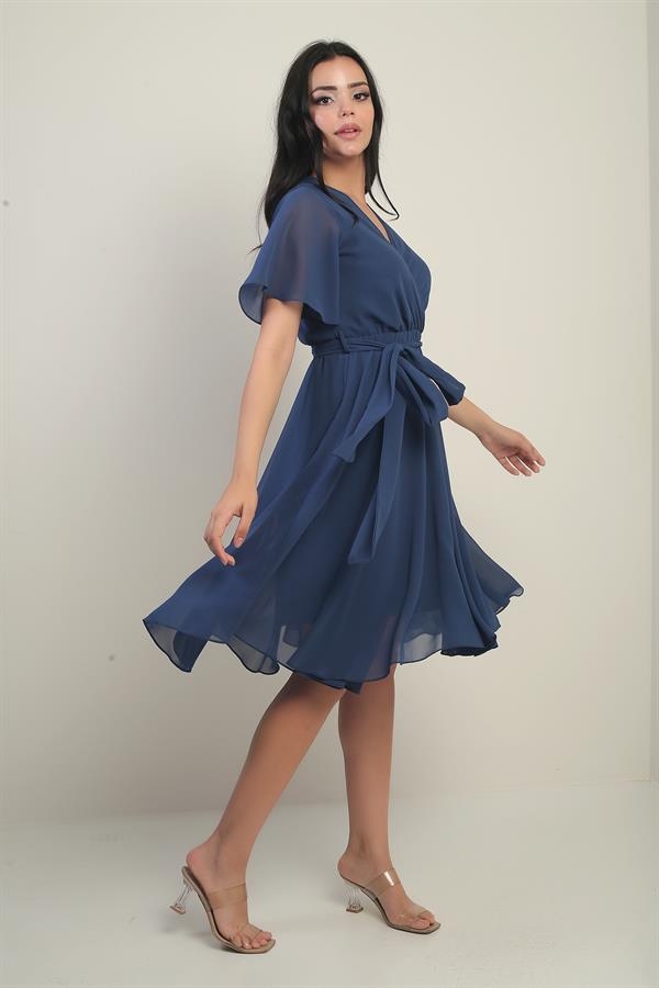 Women's Double-Breasted Flounce Sleeve Lined Chiffon Dress