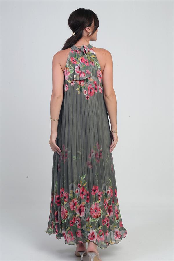 Robe longue plissée en mousseline doublée à motif floral pour femme