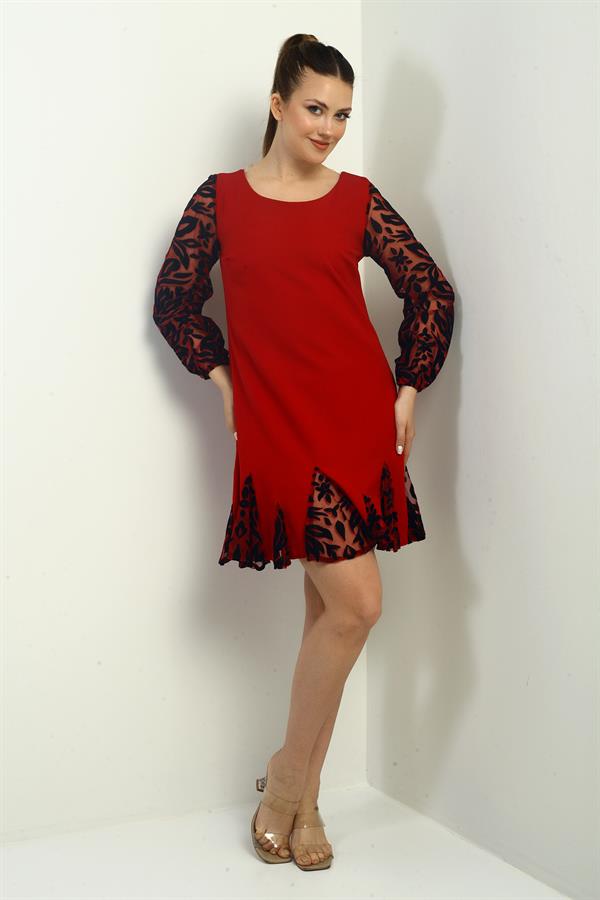 Women's Short Dress with Flocked Print on Sleeves and Hem, and Ruffled Detail.