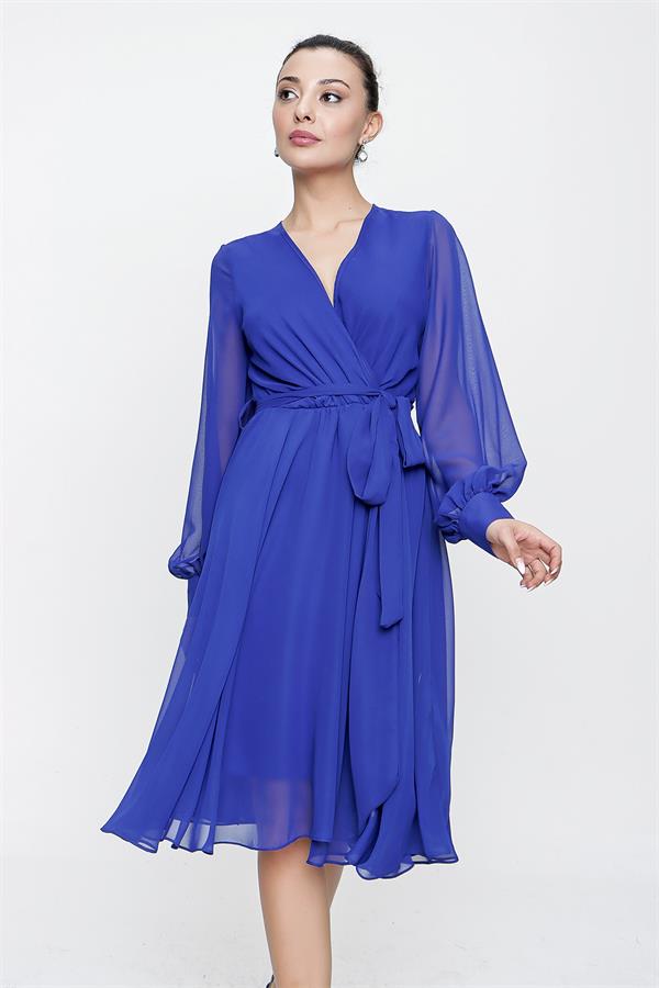 Kruvaze Yaka Uzun Kollu Astarlı Şifon Elbise