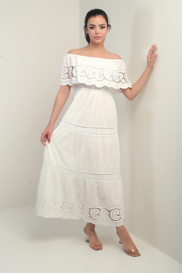Women's Madonna Neckline Lined Long Dress with Lace Details and Embroidery