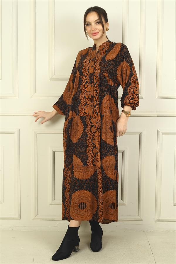 Kadın Önü Yarım Düğmeli Etnik Desenli Fırfırlı Oversize Uzun Elbise