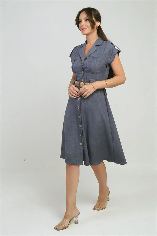 Kadın Yakalı Düşük Omuz Çift Cepli Kemerli Keten Efektli Elbise