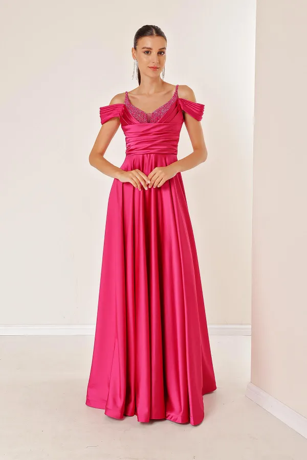 İp Askılı Düşük Kollu Taş Detaylı Önü Drapeli Astarlı Uzun Saten Abiye Elbise