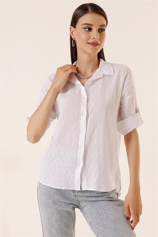 Front Buttoned Polo Collar Shirt with Foldable Sleeves