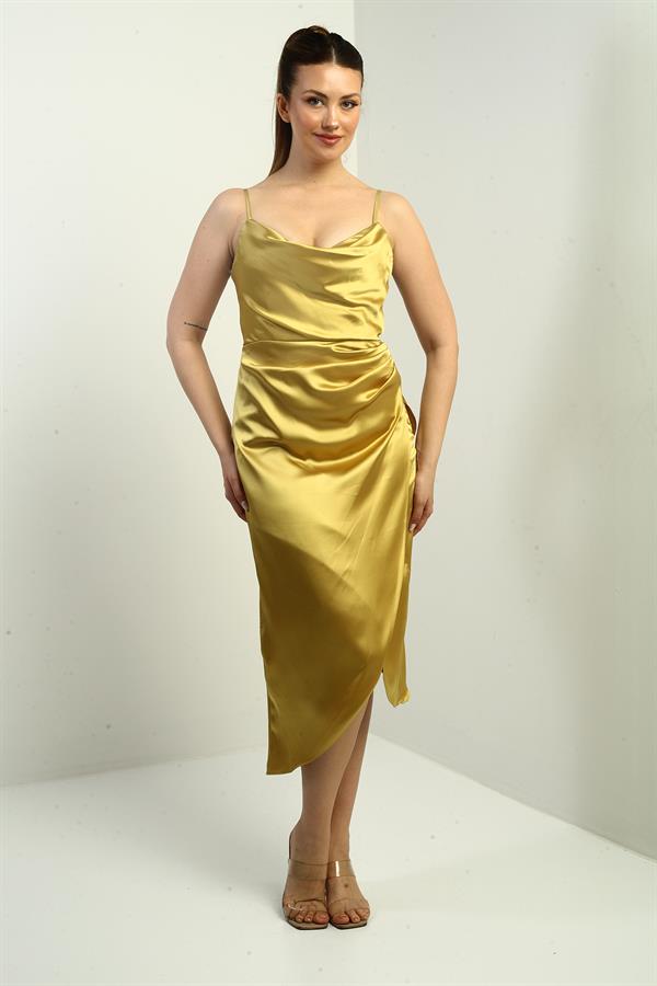 Robe midi asymétrique à bretelles, drapée et doublée pour femme