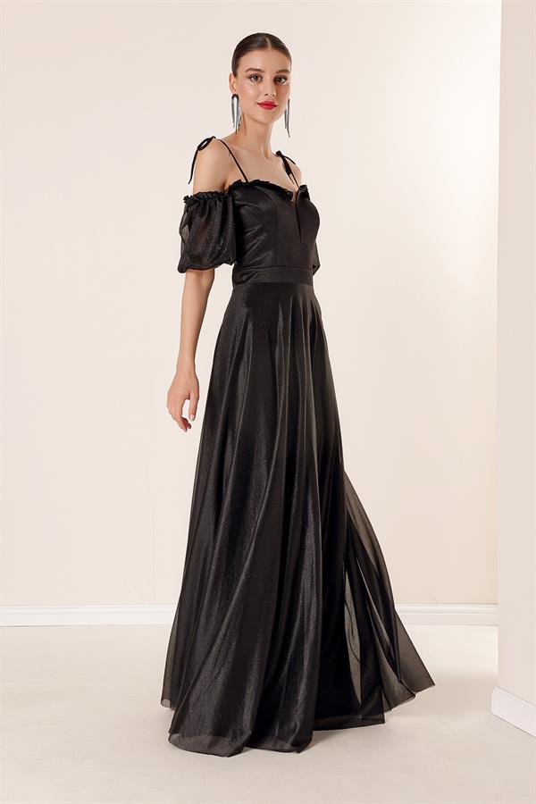 Long Dress with Pleated Neckline, Balloon Sleeves, Lined, and Glittery Embellishments.