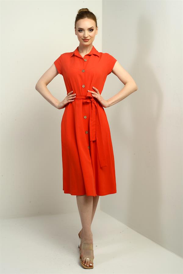 Women's Button-Front Belted Shirt Collar Short-Sleeve Dress