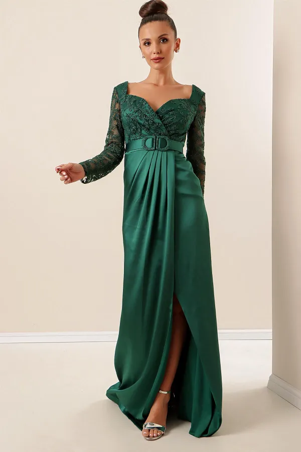 Double-Breasted, Waist Belted, Lined, Glitter Detailed Tulle Sleeveless Mini Satin Dress