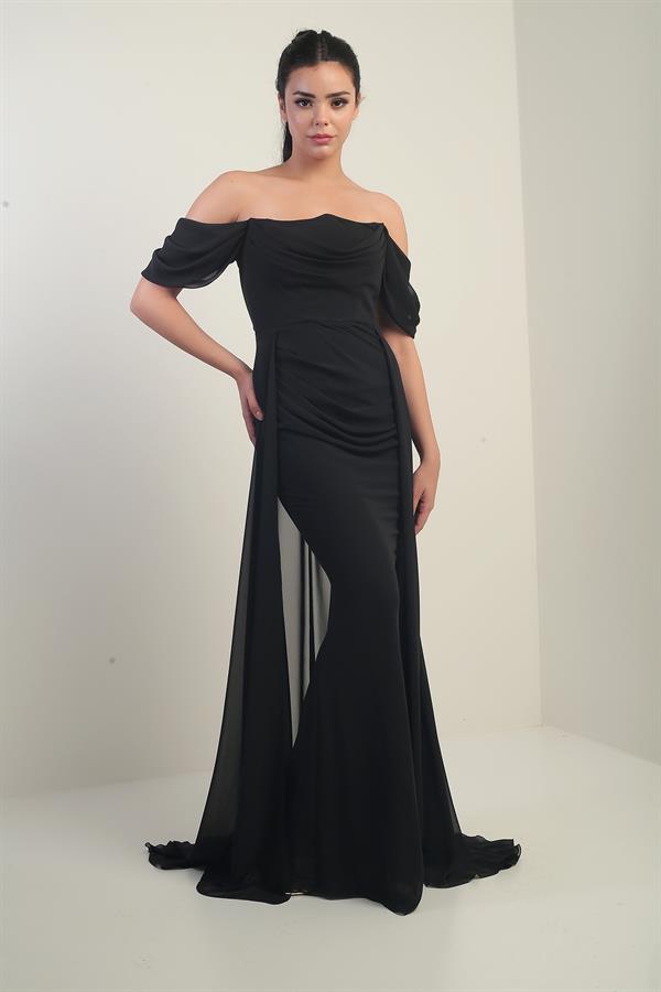 Women's Low-Sleeve Underwired Lined Cape Chiffon Long Dress