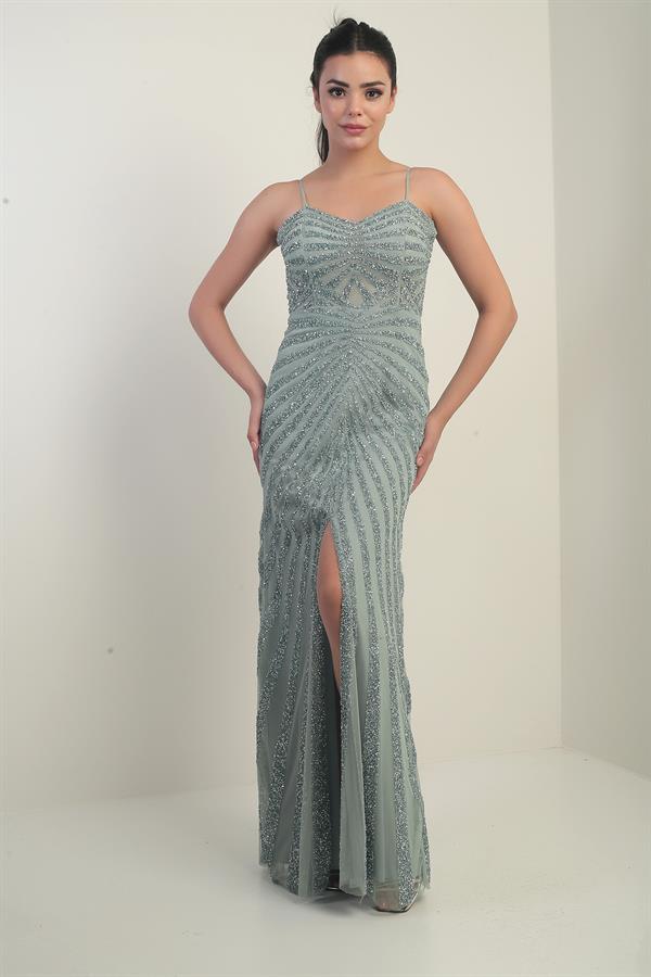 Robe longue à bretelles pour femme, doublée de tulle et ornée d'un imprimé pierre floqué