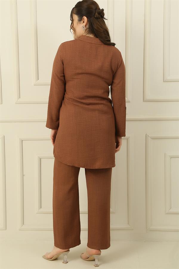 Chemise à une poche et manches retroussables, pantalon palazzo à taille élastique, effet lin, ensemble deux pièces grandes tailles