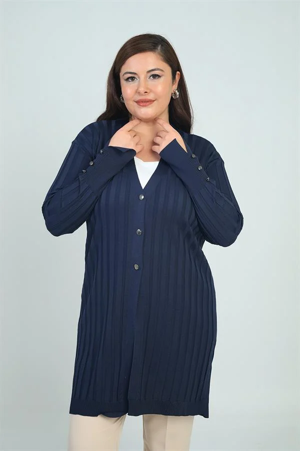Cardigan long en lycra côtelé épais avec boutons sur les manches pour femme, grande taille