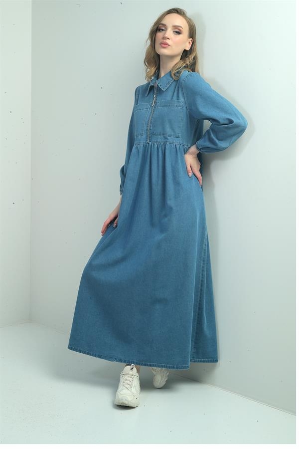 Kadın Önü Yarım Fermuarlı Önü Ve Yanı Cepli Uzun Kot Elbise