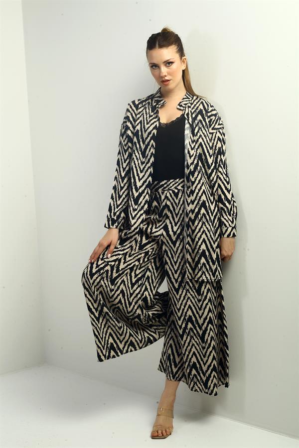 Women's Side Slit Tunic Shirt, Elastic Waist Palazzo Pants, Zigzag Pattern Oversize 2-Piece Set