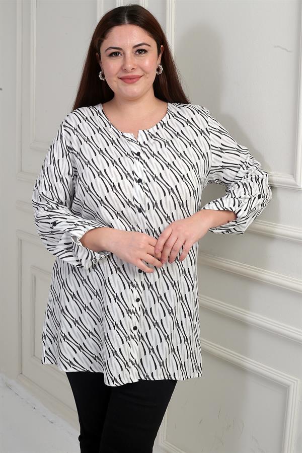 Chemise longue grande taille à col rond et manches repliées à motifs abstraits pour femme
