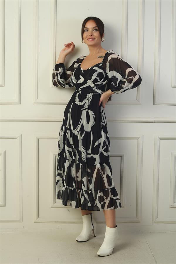 Robe portefeuille en mousseline à encolure Madonna, doublée, à nœuds croisés et motif abstrait