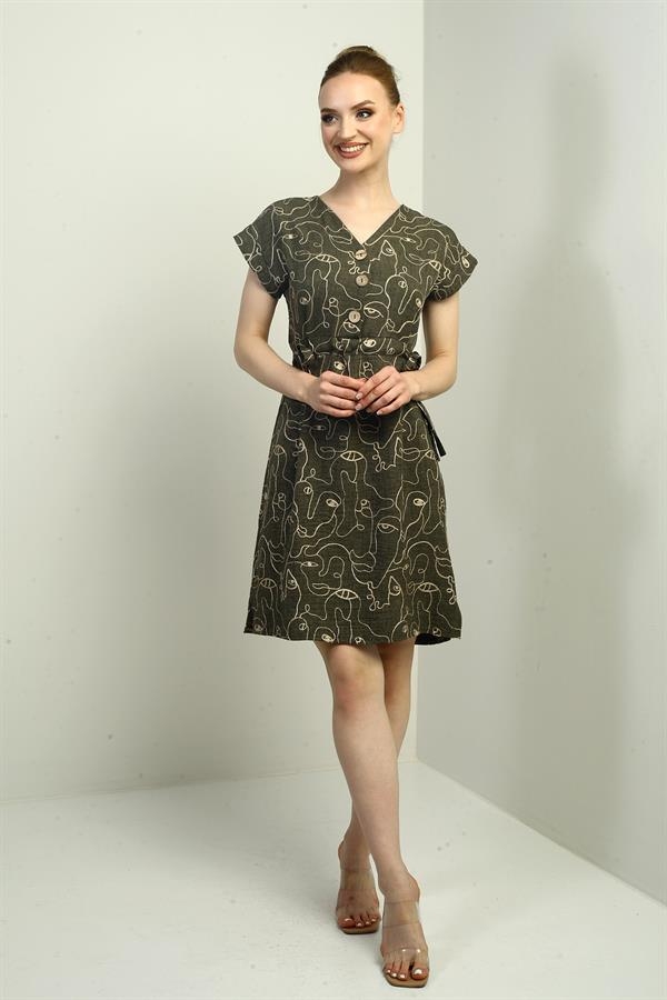 Women's Half-Button Front Laced Waist Embroidered Dress
