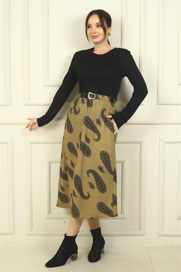 Kadın Beli Kemerli Eteği Şal Desenli Astarlı Elbise