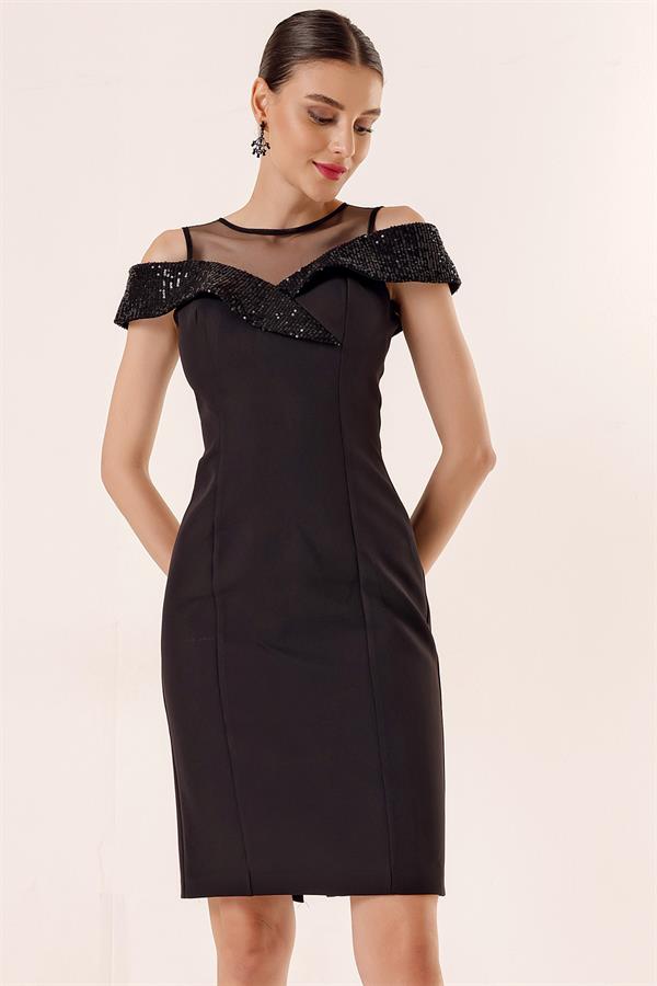 Üst Transparan Tüllü Yakası Pul Payet Elbise