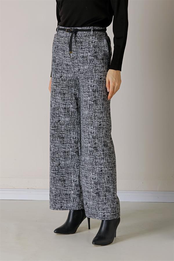 Beli Lastikli Kemerli Yandan Cepli Cam Kırığı Desenli Palazzo Pantolon