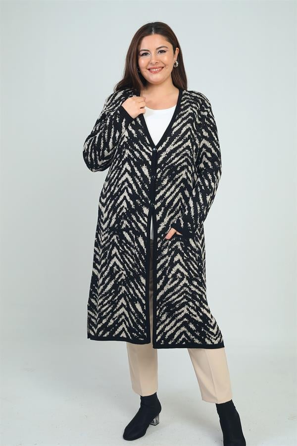 Kadın Zebra Desenli Cepli Büyük Beden Triko Uzun Hırka