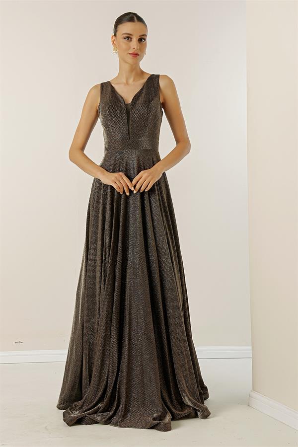 V-Neck Echo Tulle Glittery Lined Evening Dress
