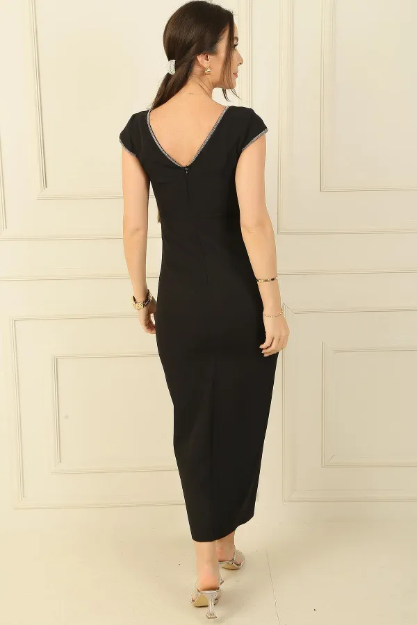 V-Neck Double Sleeve Dress with Rhinestone Embellishment and Slit