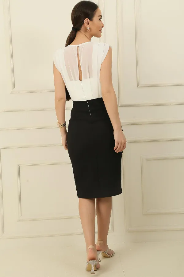 Üstü Pileli Şifon Beli Kemerli Krep Elbise