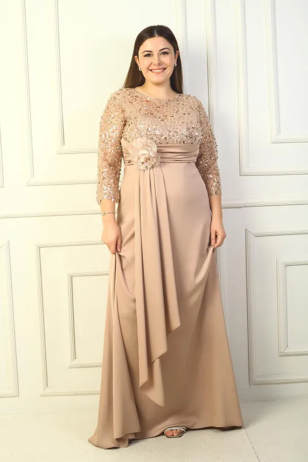 Kadın Çiçekli Altı Saten Üstü Gritel Astarlı Büyük Beden Uzun Elbise