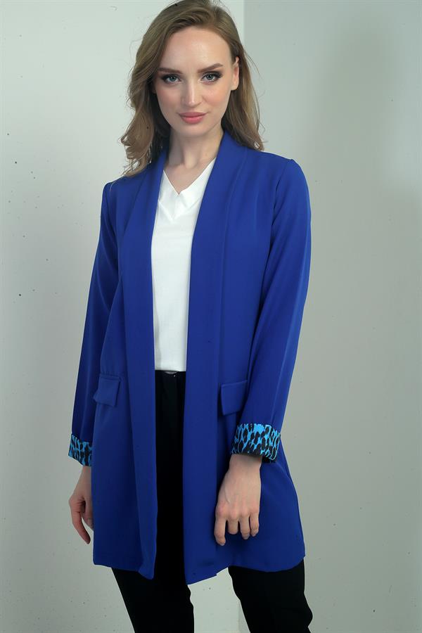 Women's Shawl Collar Long Jacket with Leopard Print Sleeve Cuffs and Lycra Fabric