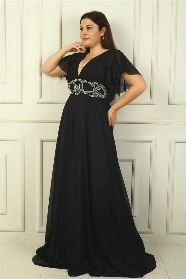 Kadın Ön Arka V Yaka Beli Taş İşlemeli Astarlı Simli Büyük Beden Abiye Elbise