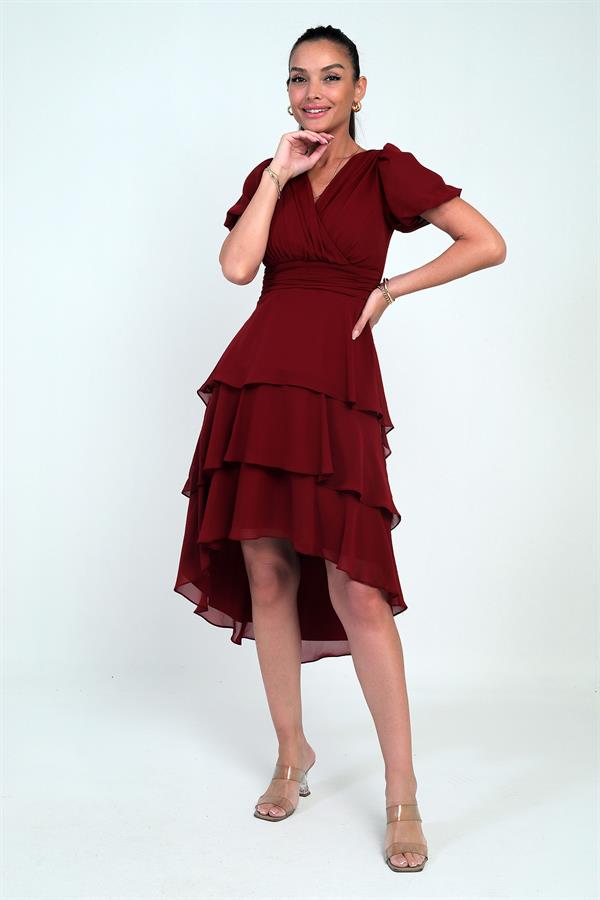 Kadın Kruvaze Yaka Arkası Fermuarlı Katkat Pileli Şifon Elbise