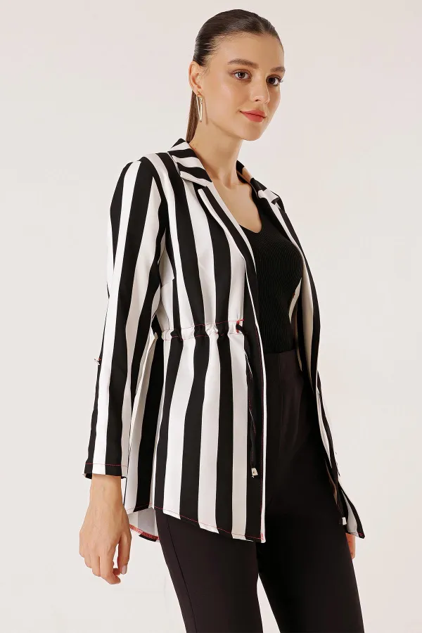 Beli İpli Kol Katlamalı Boyuna Kalın Çizgili Kırmızı İp Detaylı Ceket