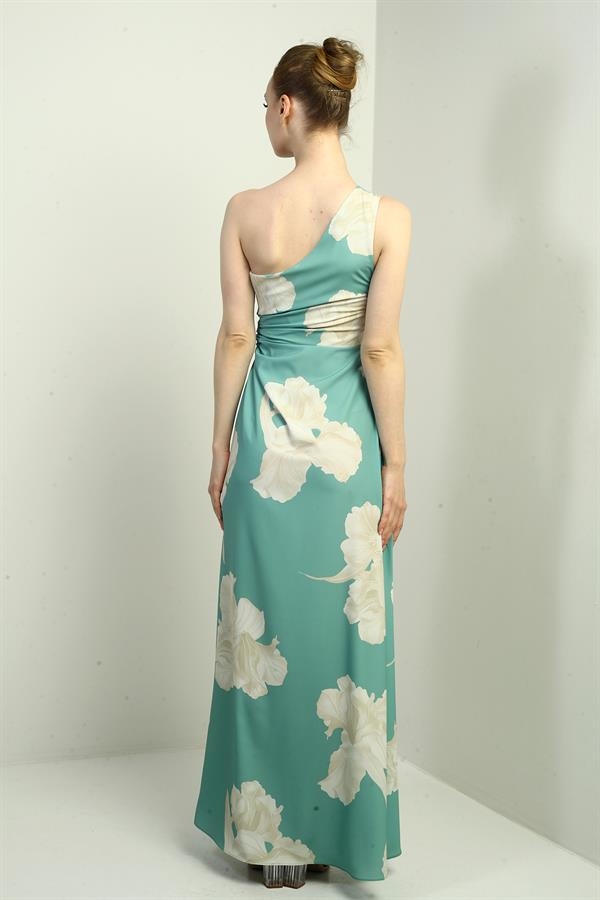 Women's One Shoulder Side Window Large Leaf Patterned Long Crepe Satin Dress