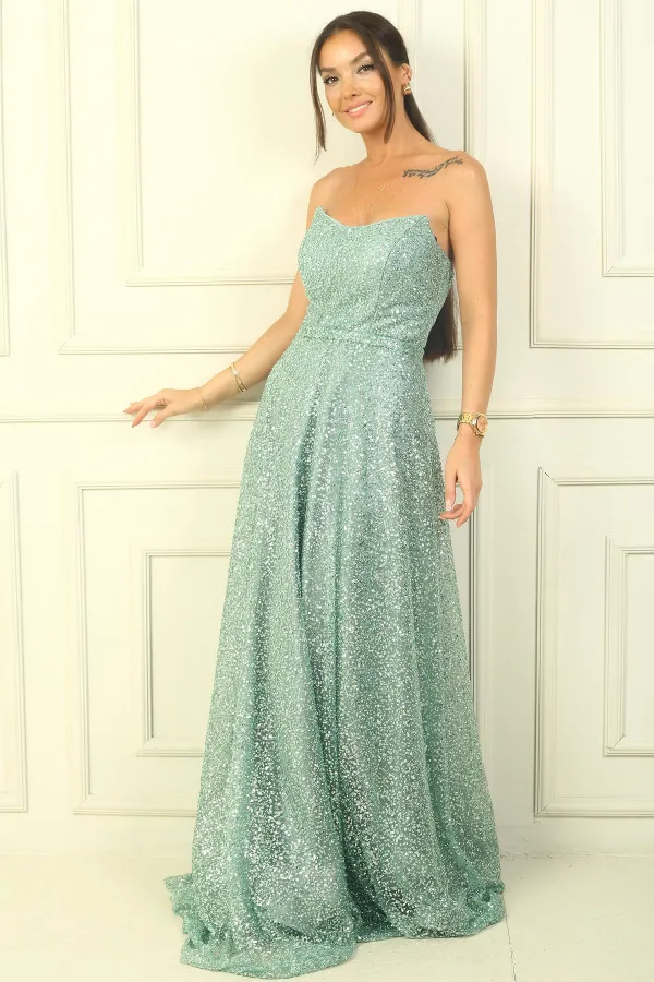 Strapless Lace-Up Back Lined Sequined Long Evening Dress