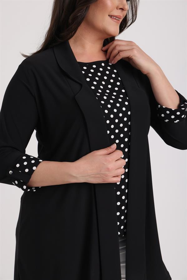 Sleeveless Polka Dot Blouse, Shawl Collar, Lycra Jacket, Plus Size Sandy 2-Piece Set