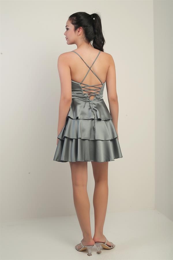 Kadın İp Askılı Arkadan Bağcıklı Eteği Kat Kat Saten Kısa Elbise