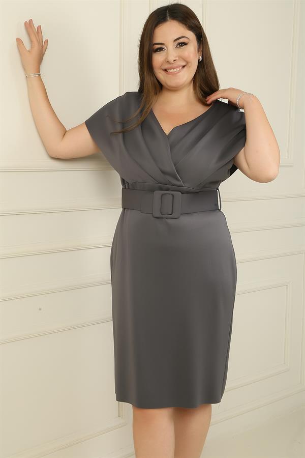 Front and back V-neck, belted waist, lined plus-size dress.