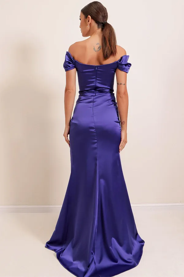 Side Pleated Underwire Lined Long Satin Dress