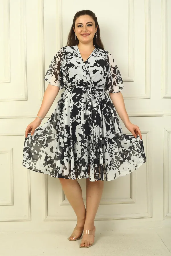 Women's Double-Breasted Collar Flounce Sleeve Lined Waist Belted Large Rose Chiffon Dress