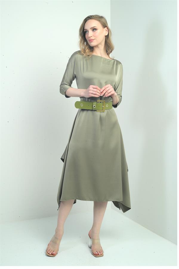 Women's Quarter Sleeve Asymmetrical Crepe Satin Midi Dress with Belted Waist