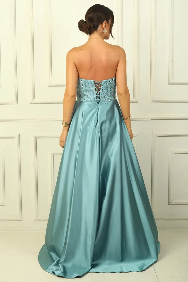 Strapless Lined Satin Train Sequin Long Dress
