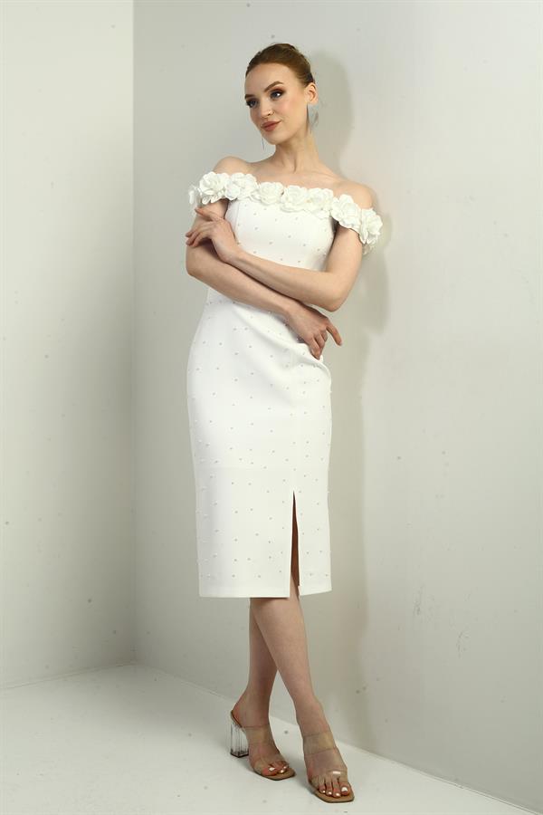 Robe midi doublée à encolure Madonna florale 3D et perles