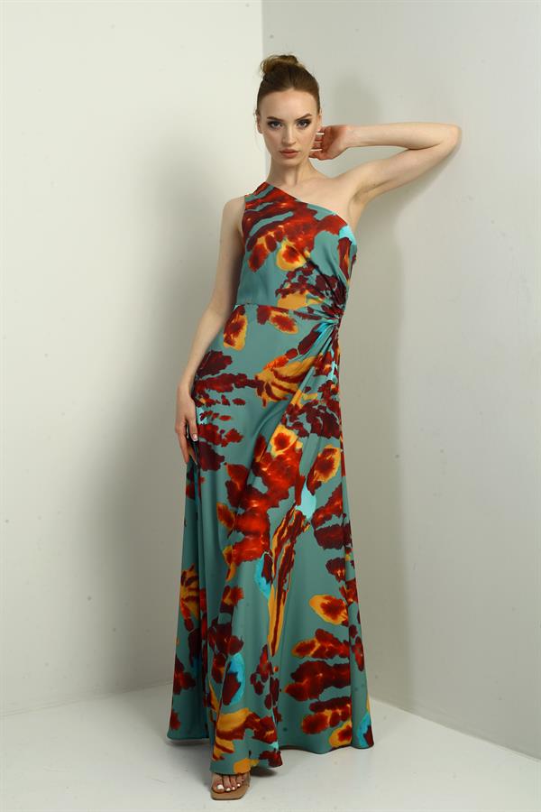 Kadın Tek Omuz Yandan Pencereli Desenli Uzun Krep Saten Elbise