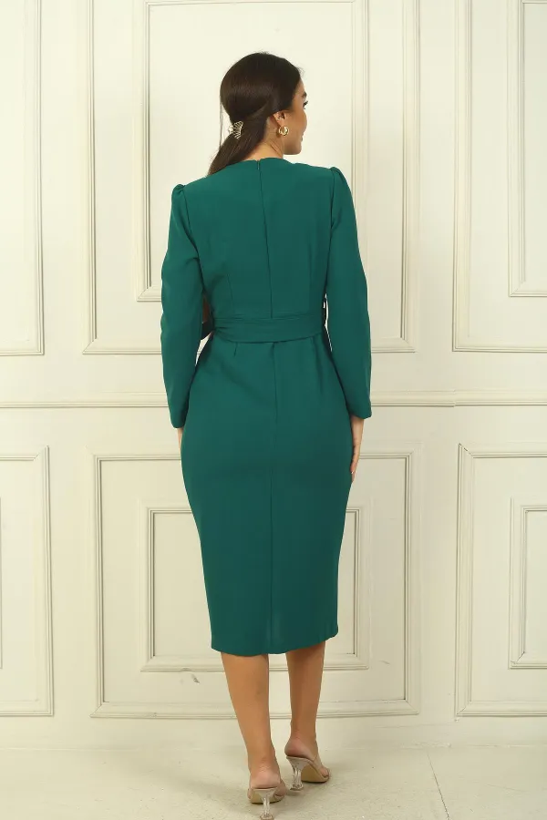 Women's Wrap-Neck Sleeveless Belted Lined Crepe Dress