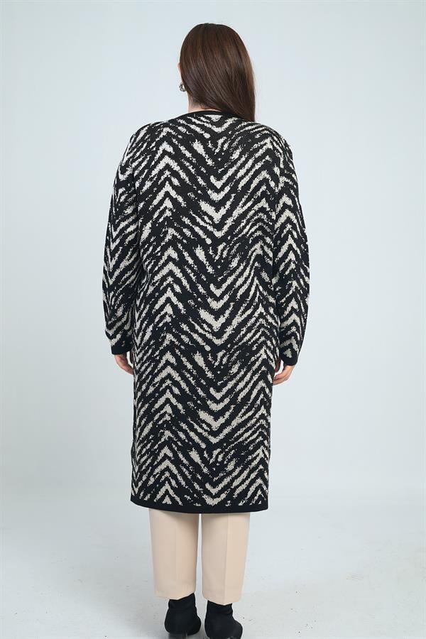 Kadın Zebra Desenli Cepli Büyük Beden Triko Uzun Hırka