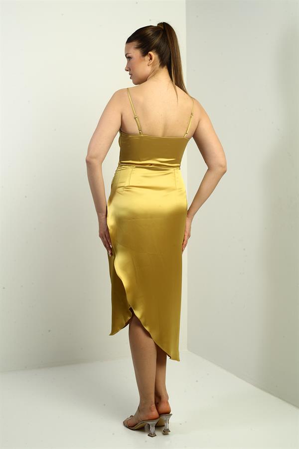 Robe midi asymétrique à bretelles, drapée et doublée pour femme